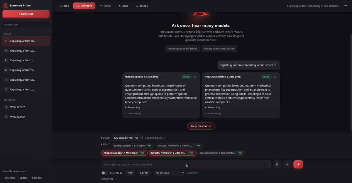 Compare mode: two AI models answering side by side