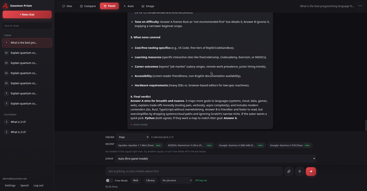 Panel mode: multiple models with a judge's verdict